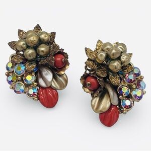 Vintage 1950’s Pearl, Coral, Gold Aurora Borealis Cluster Earrings